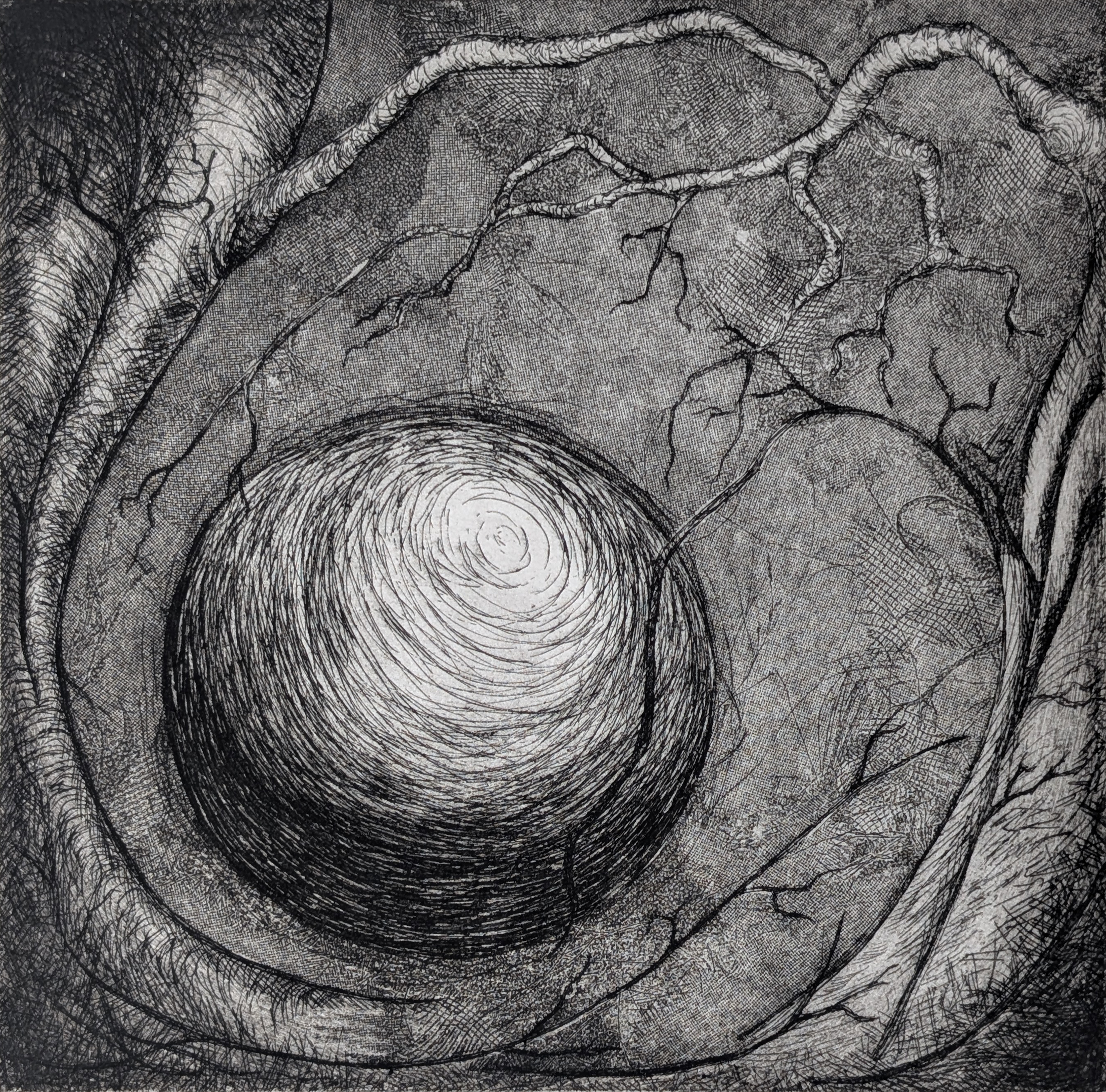 Etching of a luminous sphere framed by roots and branches.